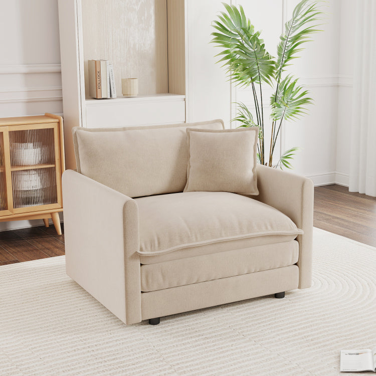 Comfy Deep Single Seat Sofa Upholstered Reading Armchair Living Room Chair Light Coffee Chenille Fabric , 1 Toss Pillow