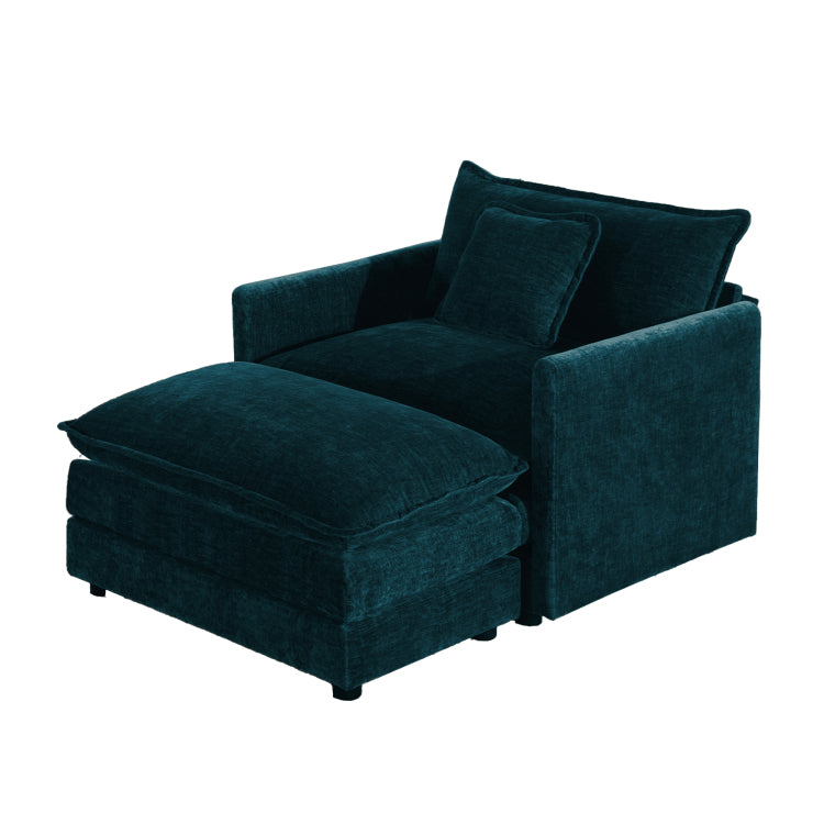 Modern Accent Chair With Ottoman, Living Room Club Chair Chenille Upholstered Armchair , Reading Chair For Bedroom, Blue Chenille