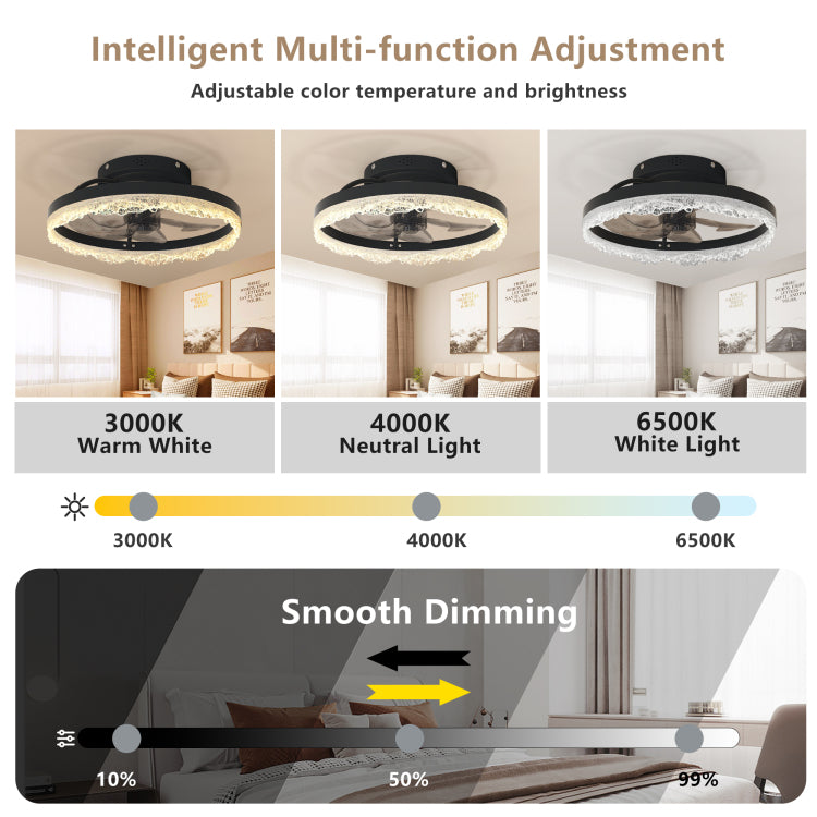 16" Decorative Led Light Modern Flush Mount With Crystal Inspired Acrylic Ring, Hidden Blades, Remote Control, And Dimmable Light For Stylish Homes Black