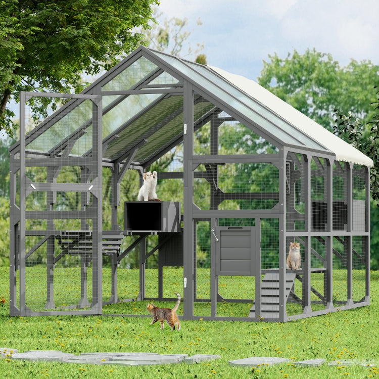 Large Catio Outdoor Cat Enclosure For Multiple Kittens, Wooden Cat House With 7 Platforms, 2 Resting Boxes, 1 Bridge And 1 Ramp, Walk In Kitty Cage Kennel With Sunshine Board Roof, Gray