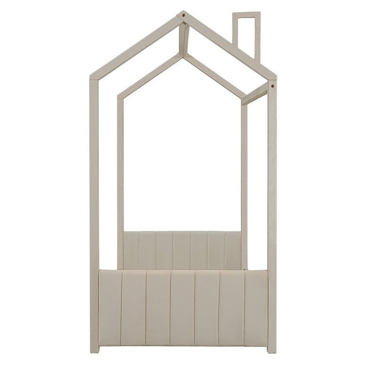 Twin Size Velvet House Bed Wood Bed, Beige Old Sku: Lp000125Aaa