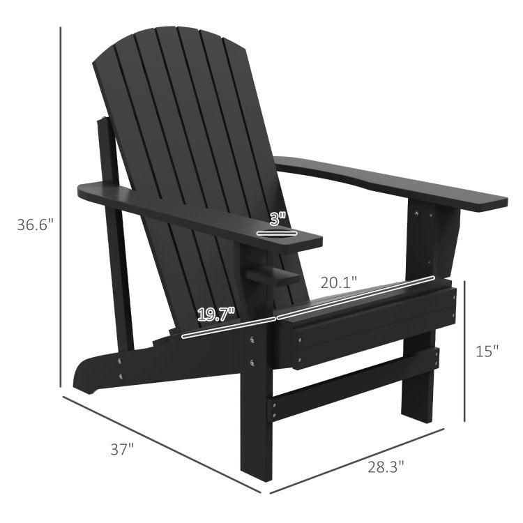 Outsunny Wooden Adirondack Chair, Outdoor Patio Lawn Chair With Cup Holder, Weather Resistant Lawn Furniture, Classic Lounge For Deck, Garden, Backyard, Fire Pit, Black