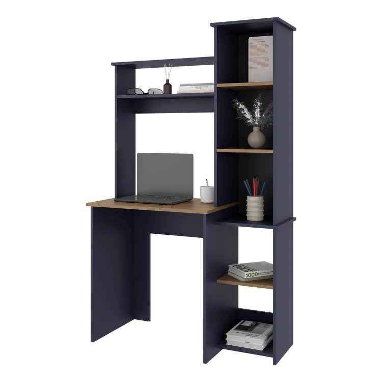 Navy Blue And Natural Oak Computer Desk With Hutch And Side Bookshelf