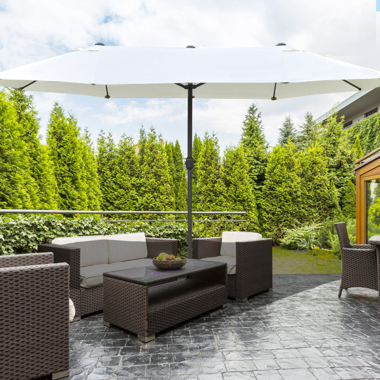 Outsunny Patio Umbrella 15' Steel Rectangular Outdoor Double Sided Market With Base, Sun Protection & Easy Crank For Deck Pool Patio, Beige