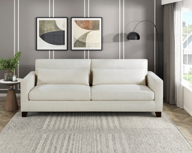 Ivory Fabric Upholstered Sofa With Pillows Cushion Seat And Back Modern Living Room Furniture 1Pc Solid Wood Legs