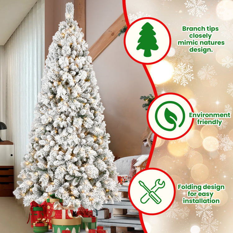 6Ft Flocked Christmas Tree With 350 Warm White Led Lights 752 Tips, Snowy Pvc & Hard Needle Branches, Hinged Design For Easy Setup, Sturdy Metal Stand Full & Realistic Holiday Tree