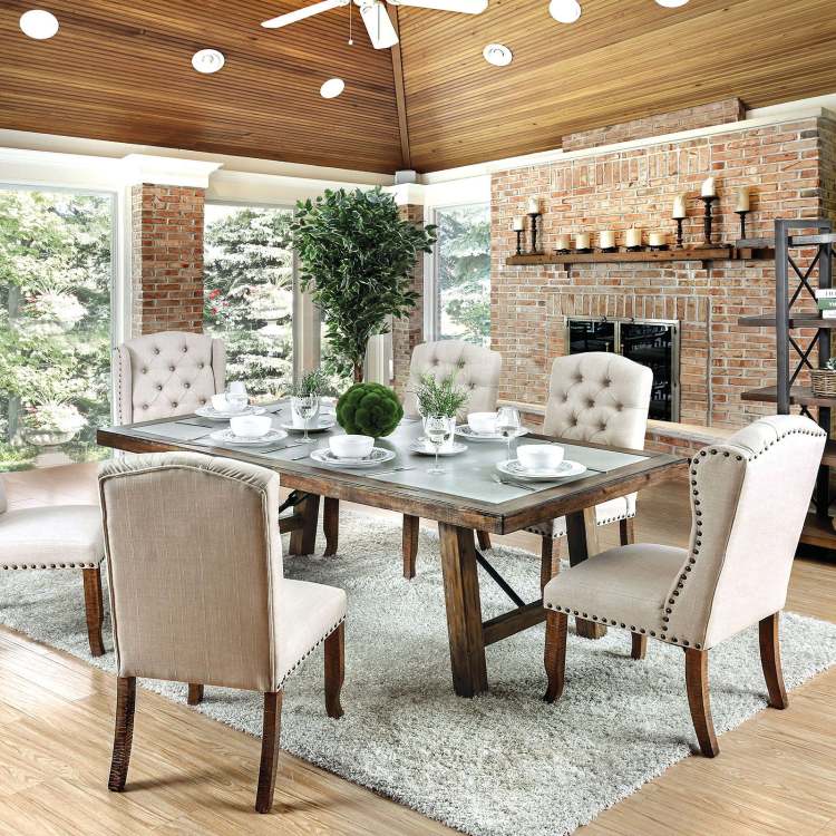 Contemporary Ivory Beige Fabric 2Pcs Side Chairs Tufted Wingback Design Rustic Oak Solidwood Back Dining Chairs Furniture