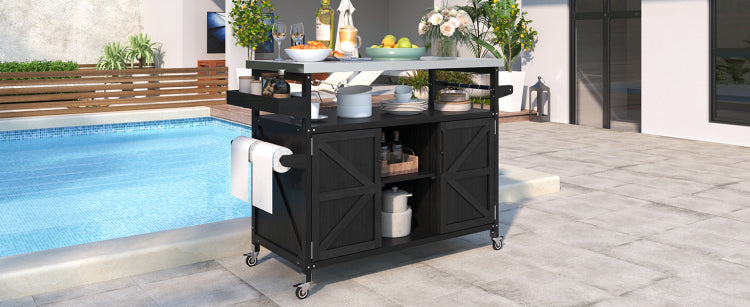 K&K Outdoor Kitchen Island, Rolling Bar Cart & Storage Cabinet, Farmhouse Solid Wood Outdoor Grill Table With Stainless Steel Top, Spice Rack , Towel Rack For Kitchen & Barbecue, Black