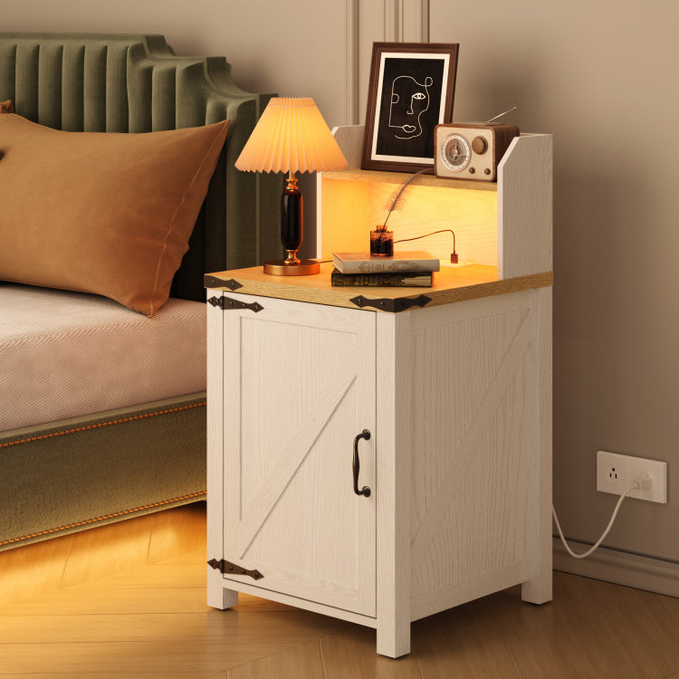 Okd Nightstand With Charging Station, 18 Inch Farmhouse End Table With Barn Door And Adjustable Storage Shelf, Rustic Wood Sofa Side Table W Magnetic Door For Living Room, Bedroom, Antique White