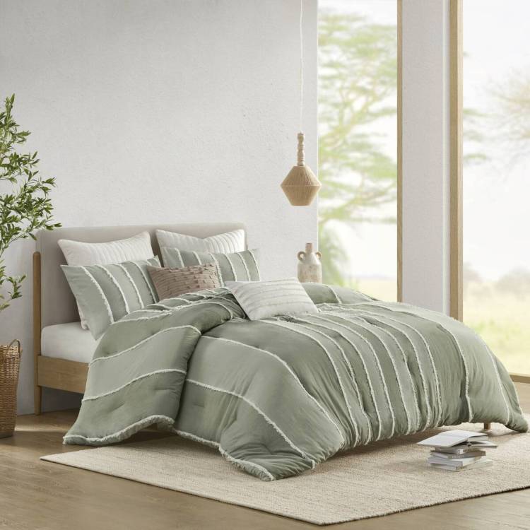 3 Piece Striped Cotton Comforter Set Sage Full Queen