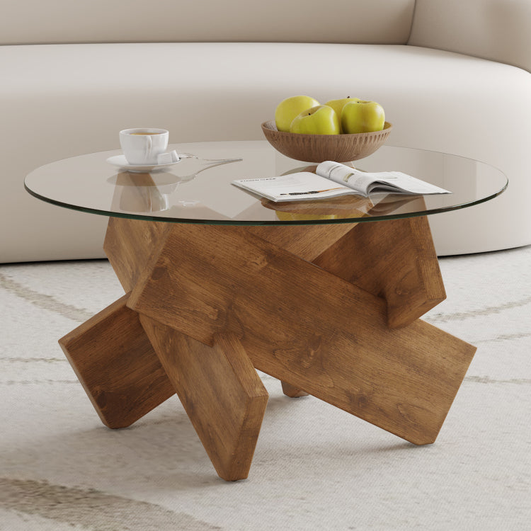 Circular Glass Coffee Table, 33.4 Inch Modern And Distinctive Design Tea Table. Tempered Glass Countertop, Wood Colored Mdf Table Legs. Suitable For Living Rooms And Farmhouses