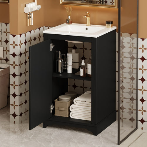 20 Inch Bathroom Vanity With Ceramic Sink, Freestanding Single Vanity Set With Soft Closing Door, Adjustable Shelf, Modern Style, Black