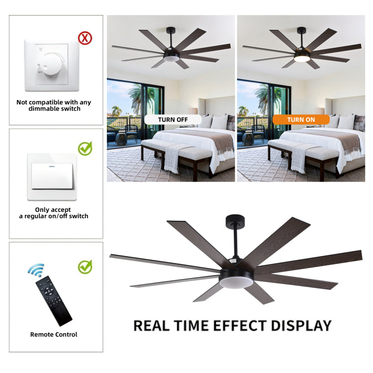 72" With Light, 6 Speed Remote Control, Reversible Dc Motor, Modern 8 Blades With 6" 12" 19.5" Downrods For Home Or Commercial Black Walnut