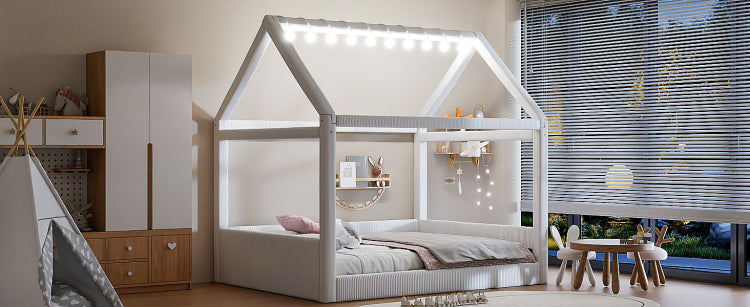 Full Size Upholstered House Daybed With Led Light Strips,Beige