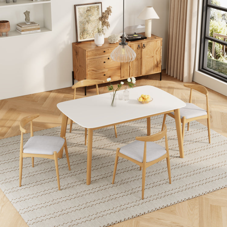 5 Piece Mid Century Modern Dining Set Solid Wood Frame Table 4 Beige Upholstered Chairs, White Oak Beige Same Sku: N759S296907K