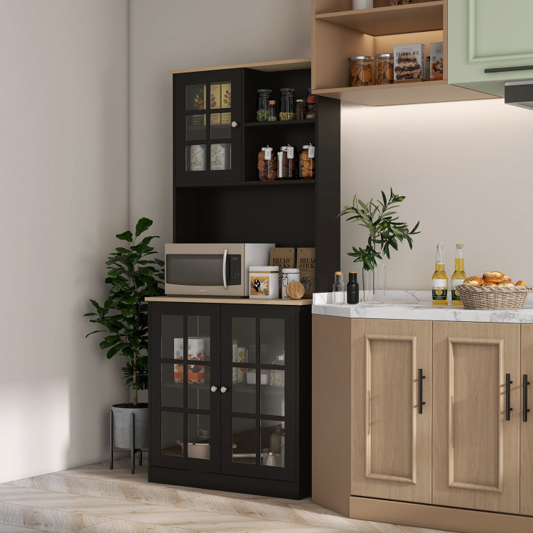 Homcom Kitchen Pantry Cabinet, 72" Freestanding Storage Cabinet With Hutch, Large Countertop, Glass Doors And Adjustable Shelves, Microwave Cabinet, Coffee Bar Cabinet For Dining Room, Black