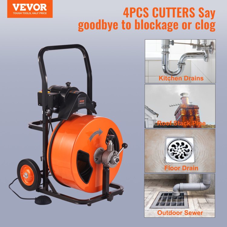 Drain Cleaning Machine 100Ft X 3 4 Inch, Sewer Snake Machine Auto Feed, Drain Auger Cleaner With 4 Cutter & Air Activated Foot Switch For 1" To 4" Pipes