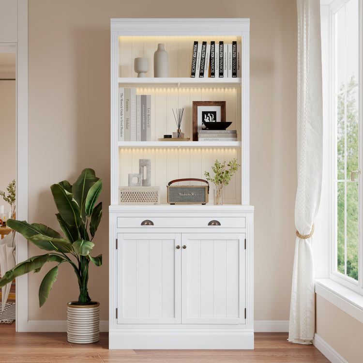 83.4"Tall Bookshelf With 3 Pieces Led Lighting, Modern Bookcase With 2 Doors And 1 Drawer,Storage Bookcase With Open Shelves For Living Room,Home Office,White