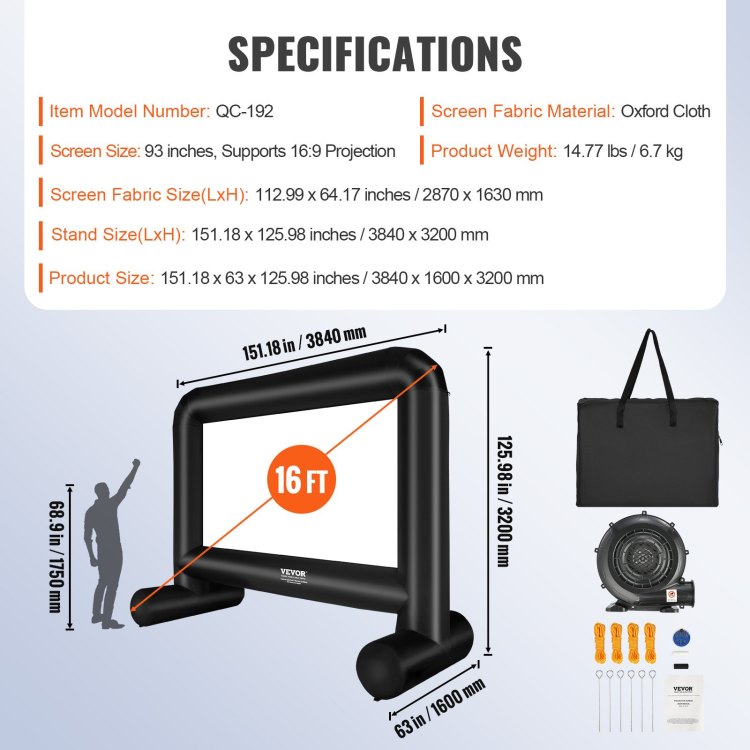Inflatable Movie Screen, 16 Ft 192Inch Inflatable Projector Screen ,Front Rear Projection, Oxford Fabric Blow Up Screen For Outdoor Parties Backyard Movie Night