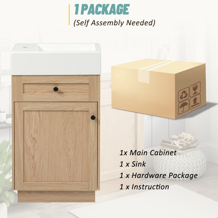 18.5" Bathroom Vanity With Reversible Resin Sink, Mdf Cabinet With Adjustable Shelf And Elegant Zinc Alloy Handles, Wood Grain Melamine Finish, Reversible Door, Rustic Style For Small Spaces