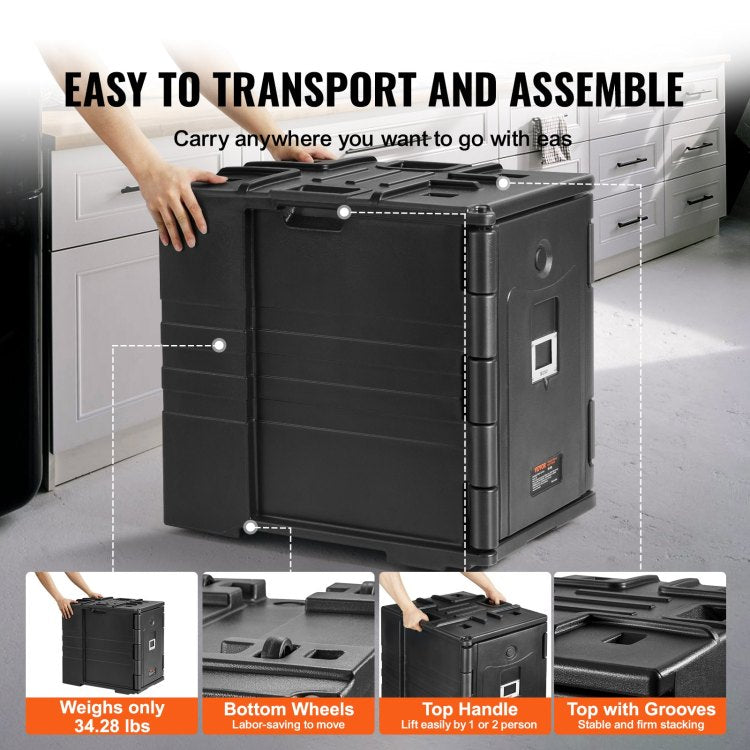Insulated Food Pan Carrier, 82 Qt Hot Box For Catering, Lldpe Food Box Carrier W Double Buckles, Front Loading Food Warmer W Handles, Stackable End Loader For Restaurant, Canteen, Etc. Black