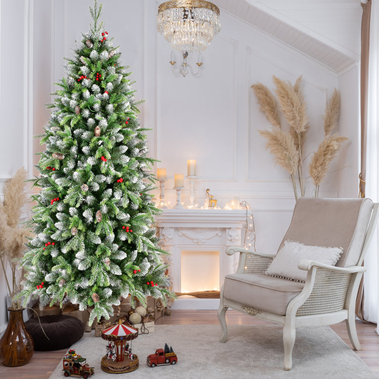 6Ft Pre Lit Artificial Christmas Tree With 380 Warm White Led Lights, 1264 Tips, Frosted Greenery With Red Berries & Natural Pinecones, Full Holiday Tree With Sturdy Metal Stand For Indoor