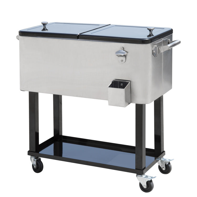 Outsunny 80 Qt Rolling Cooling Bins Ice Chest On Wheels Outdoor Stand Up Drink Cooler Cart For Party, Silver