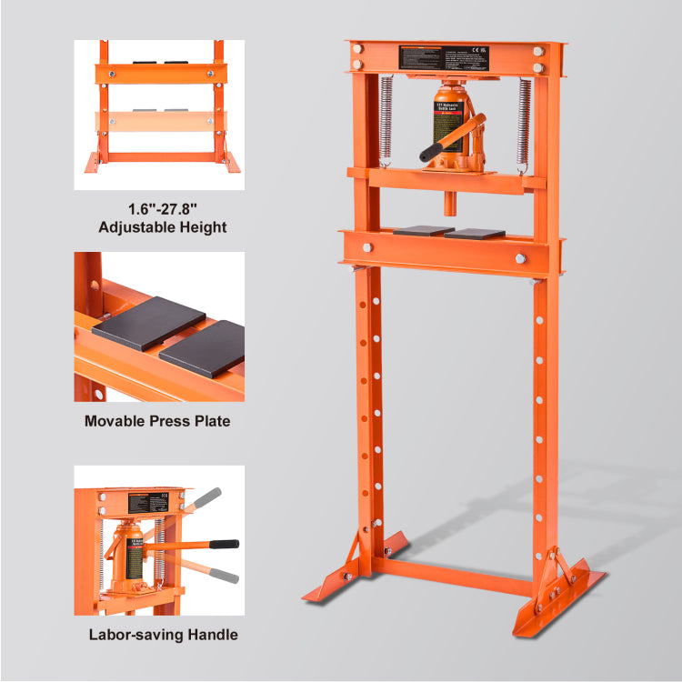 Hydraulic Shop Press, 12 Ton H Frame Hydraulic Garage Shop Floor Press, Adjustable Shop Press With Press Plates, Heavy Duty Hydraulic Press For Garage, Shop, Workshop