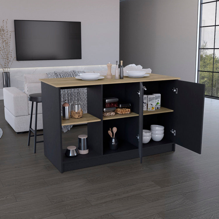 Kitchen Island With Large Countertop, Open Storage Shelves And Double Door Cabinet, Black Macadamia