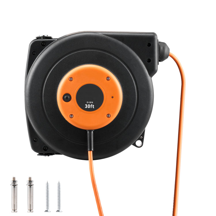 Retractable Extension Cord Reel, 30 Ft, Heavy Duty 16Awg 3C Sjtow Power Cord, With Lighted Triple Tap Outlet 10 Amp Circuit Breaker, For Ceiling Or Wall Mount Garage And Shop, Etl Listed