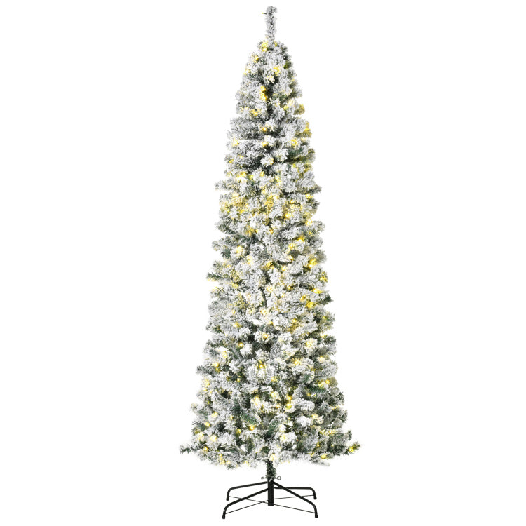 Homcom 7.5Ft Pre Lit Snow Flocked Slim Douglas Fir Artificial Christmas Tree With Realistic Branches, 350 Led Lights And 641 Tips