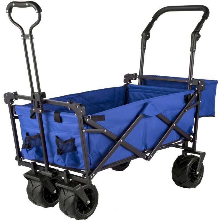 Extra Large Collapsible Garden Cart With Removable Canopy, Folding Wagon Utility Carts With Wheels And Rear Storage, Wagon Cart For Garden, Camping, Grocery Cart, Shopping Cart, Blue