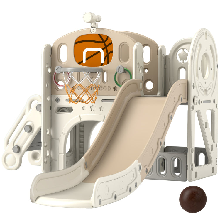 Qaba 7 In 1 Toddler Slide Playset, Kids Slide For Ages 1 6 Years With Ring Toss, Basketball Hoop, Telescope, Indoor Playground With Climber, Storage Space, Crawl Tunnel, Cream White