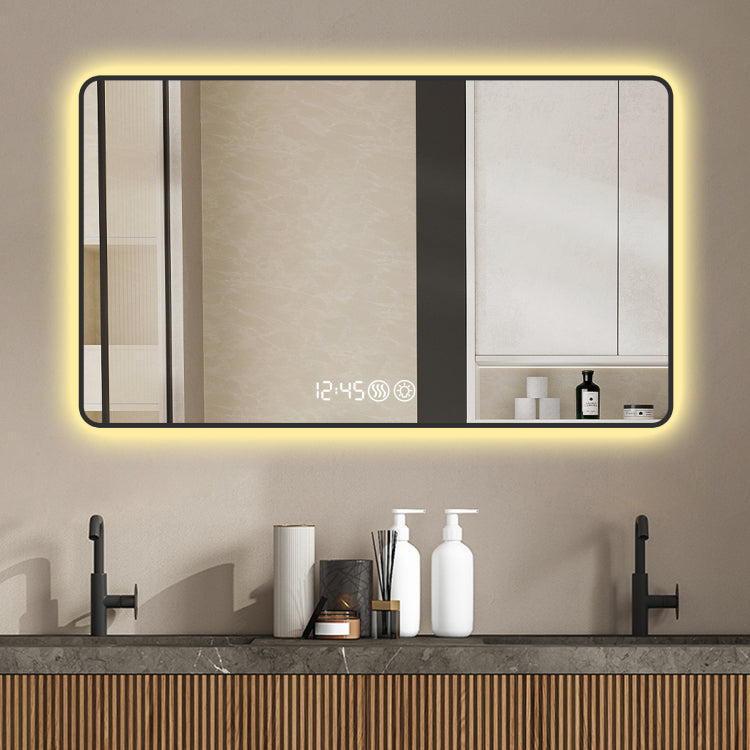 48X32 Black Frame Wall Mirror With Rounded Corners Vanity Mirror, Temperature Display, Tri Color Light, Defogging, High Quality Aluminum Alloy Frame, High Definition Tempered Glass
