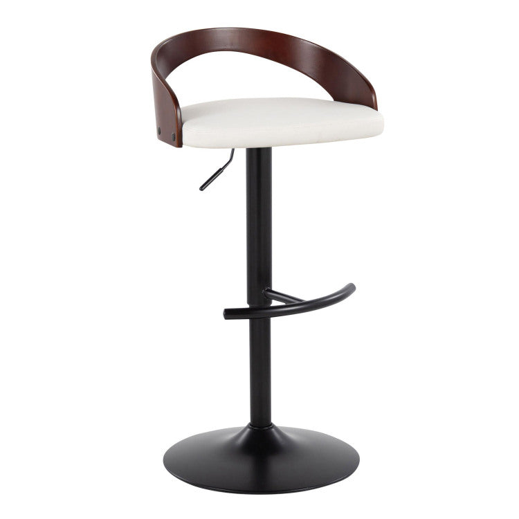 Contemporary Adjustable Barstool With Swivel In Black Metal, Cherry Wood And White Faux Leather With Rounded T Footrest Set Of 2