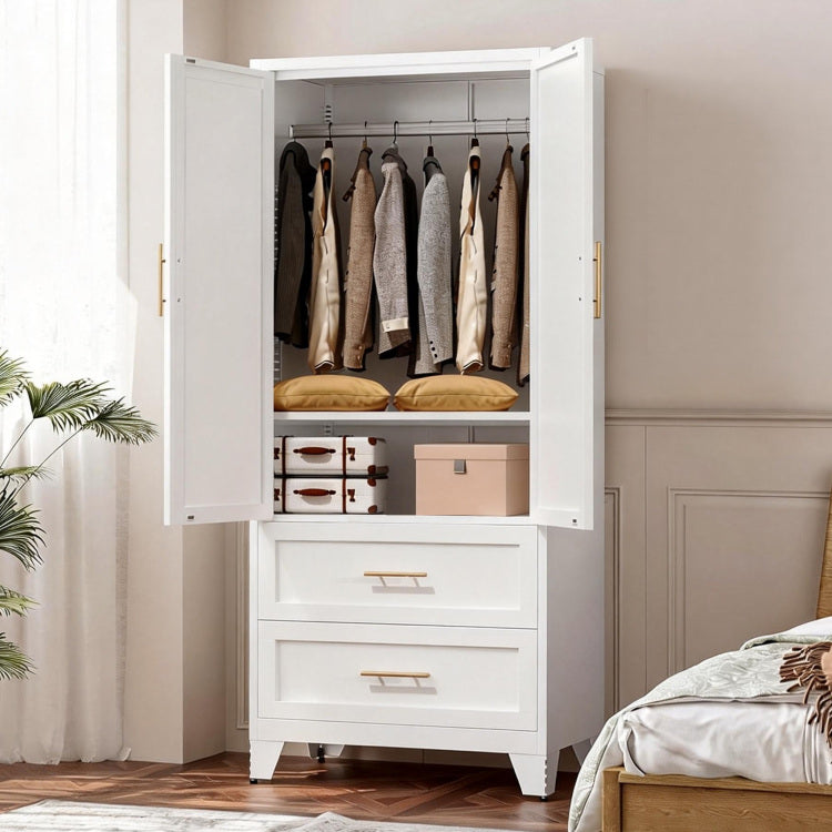 71" Tall Metal Wardrobe Cabinet With 2 Drawers And Hanging Rod, 2 Doors Wardrobe Closet With Shelf For Bedroom, Office, Laundry Room,Entryway ,Foyer,Guesthouse White