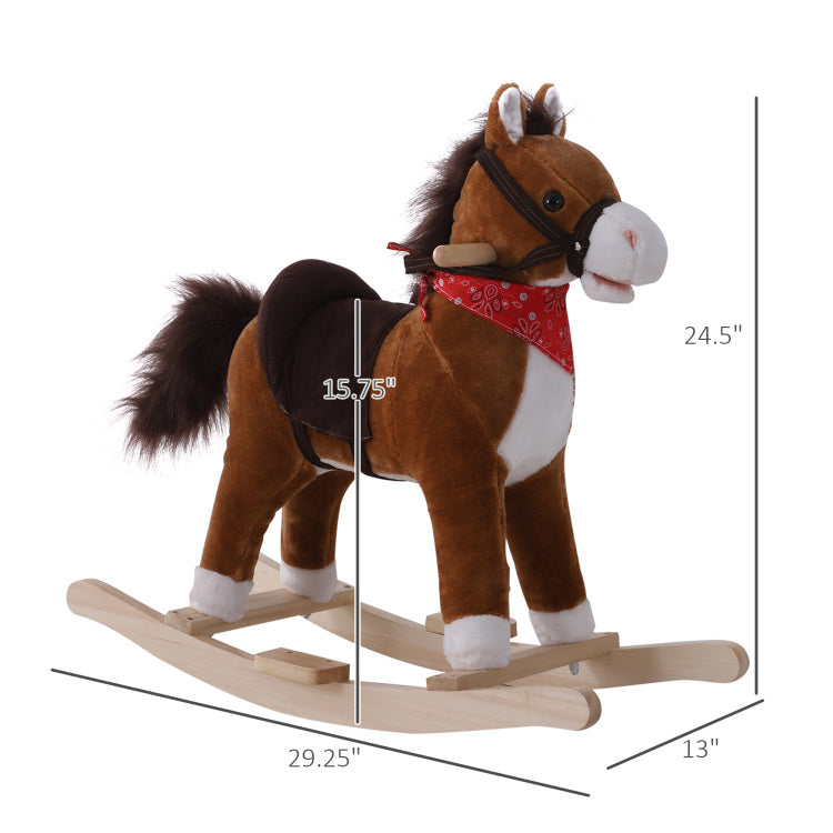 Qaba Kids Ride On Rocking Horse Plush Toy With Realistic Sounds And Red Scarf For Over 3 Years Old Birth Gift