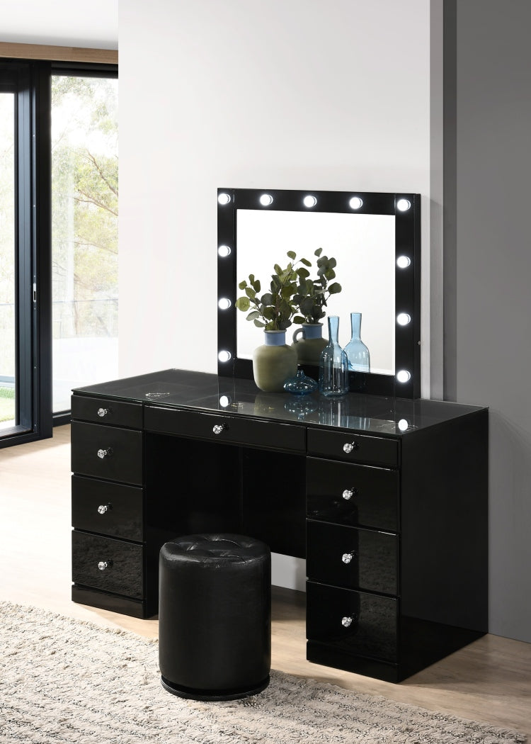 1Pc Glam Makeup Vanity Table Glass Top 9 Drawers Knobs Black Wooden Bedroom Furniture