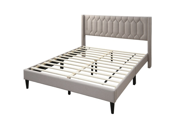 Modern Eye Catching 1Pc Queen Size Bed Light Brown Burlap Fabric Unique Diamond Design Headboard Bedframe