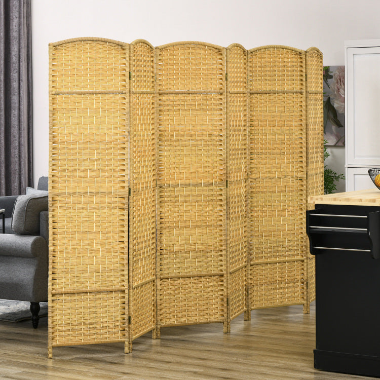 Homcom 6 Panel Room Divider, 6' Tall Folding Privacy Screen, Hand Woven Freestanding Wall Partition For Home Office, Bedroom, Nature Wood