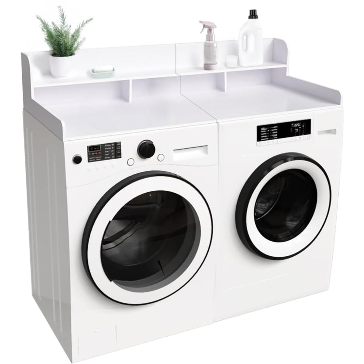 Washer Dryer Countertop With Non Slip Pads Laundry Wood Shelf Topper With Edge, 54" Width X 27.5" Depth Double Layer Organizer For Washer And Dryer Laundry Hamper Counter Storage Organization White