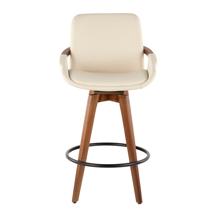 Mid Century Counter Stool In Walnut And Cream Faux Leather