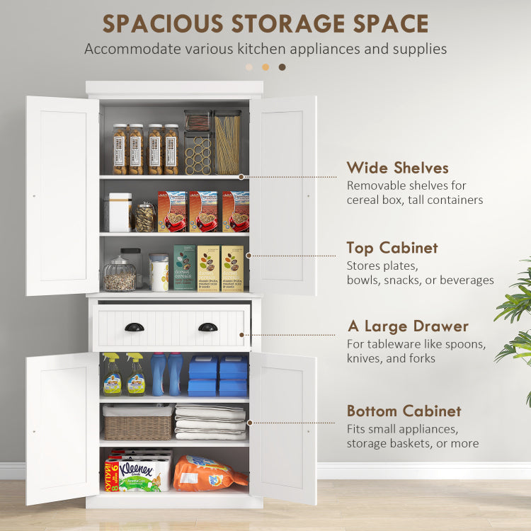 Homcom 72" Kitchen Pantry, Tall Storage Cabinet, Freestanding Cupboard With Drawer, Doors And Adjustable Shelves, White