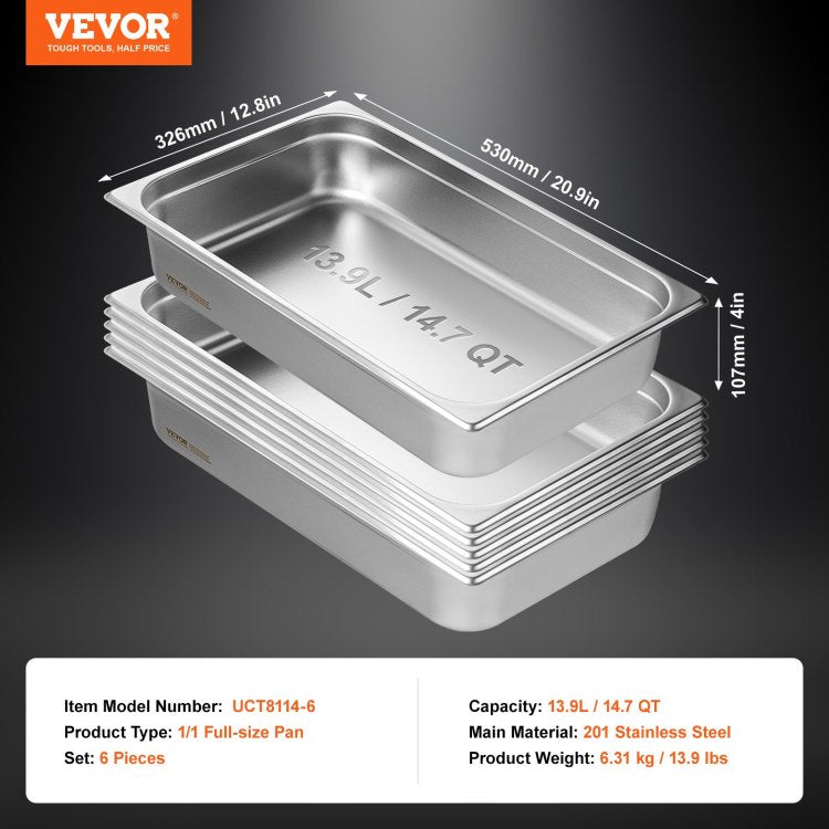 6 Pack Hotel Pans, Full Size Anti Jam Steam Pan, 0.8Mm Thick Stainless Steel Restaurant Steam Table Pan, 4 Inch Deep Commercial Table Pan, Catering Storage Food Pan, For Industrial & Scientific