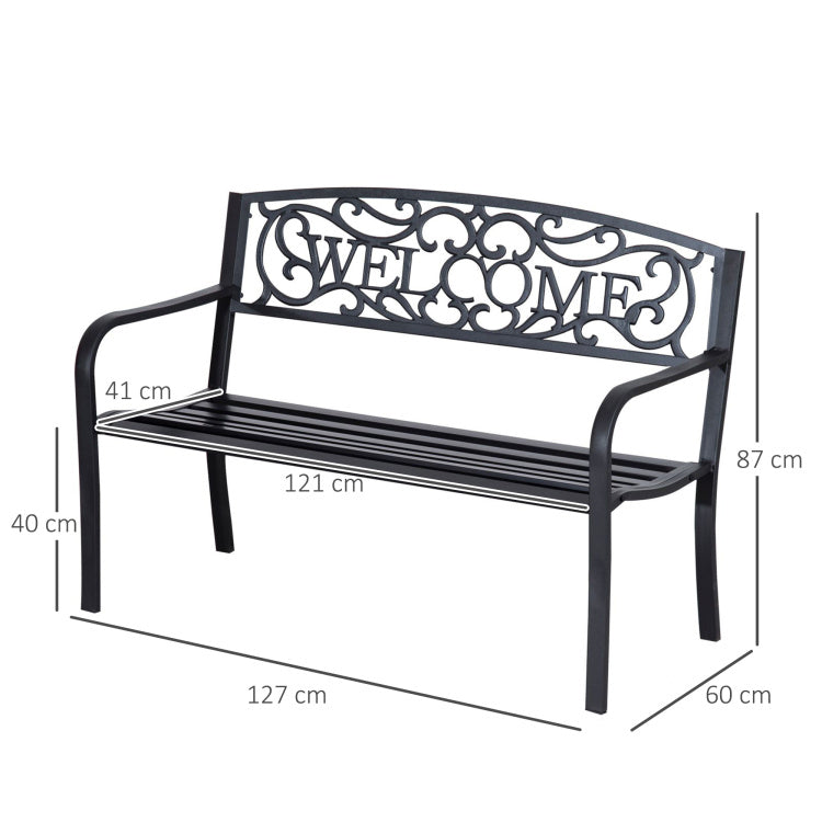 Outsunny 50" Outdoor Metal Welcome Bench, Garden Bench With Slatted Seat, Patio Bench For Park, Porch, Yard, Entryway, Black