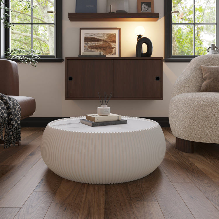 Light Sintered Stone Top Drum Shape Leather Coffee Modern Sofa Table For Living Room Furniture Each Tabletop Has A Unique Grey Pattern