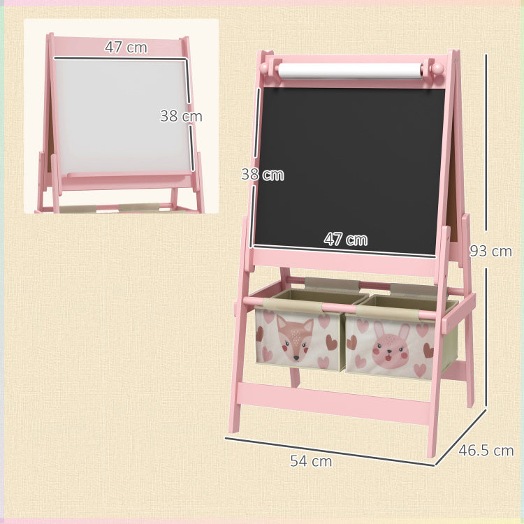 Qaba Art Easel For Kids With Paper Roll, 3 In 1 Toddler Painting Easel With Blackboard, Whiteboard, Storage Baskets, Pink