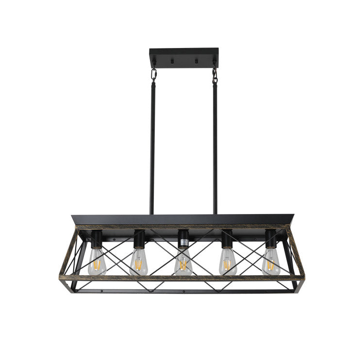 32" Black Gold Industrial 5 Light Pendant Chandelier, Modern Metal Cage Design, Adjustable Hanging Light For Dining Room, Kitchen, Living Room No Bulbs
