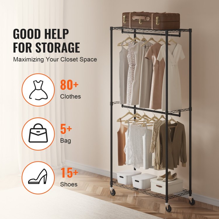 Heavy Duty Clothes Rack, Double Hanging Rods Clothing Garment Rack With Bottom And Top Storage Tier, Rolling Clothing Rack For Hanging Clothes, 1'' Diameter Thicken Steel Tube Hold Up To 300Lbs