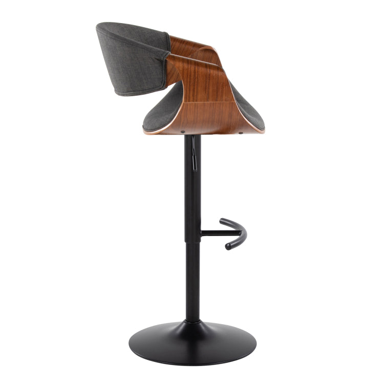 Mid Century Modern Adjustable Barstool With Swivel In Black Metal, Walnut Wood And Charcoal Fabric With Rounded T Footrest Set Of 2